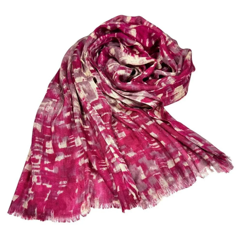 Abstract Print Scarf Pashmina  Wrap Shawl Pink White Fringe Contemporary